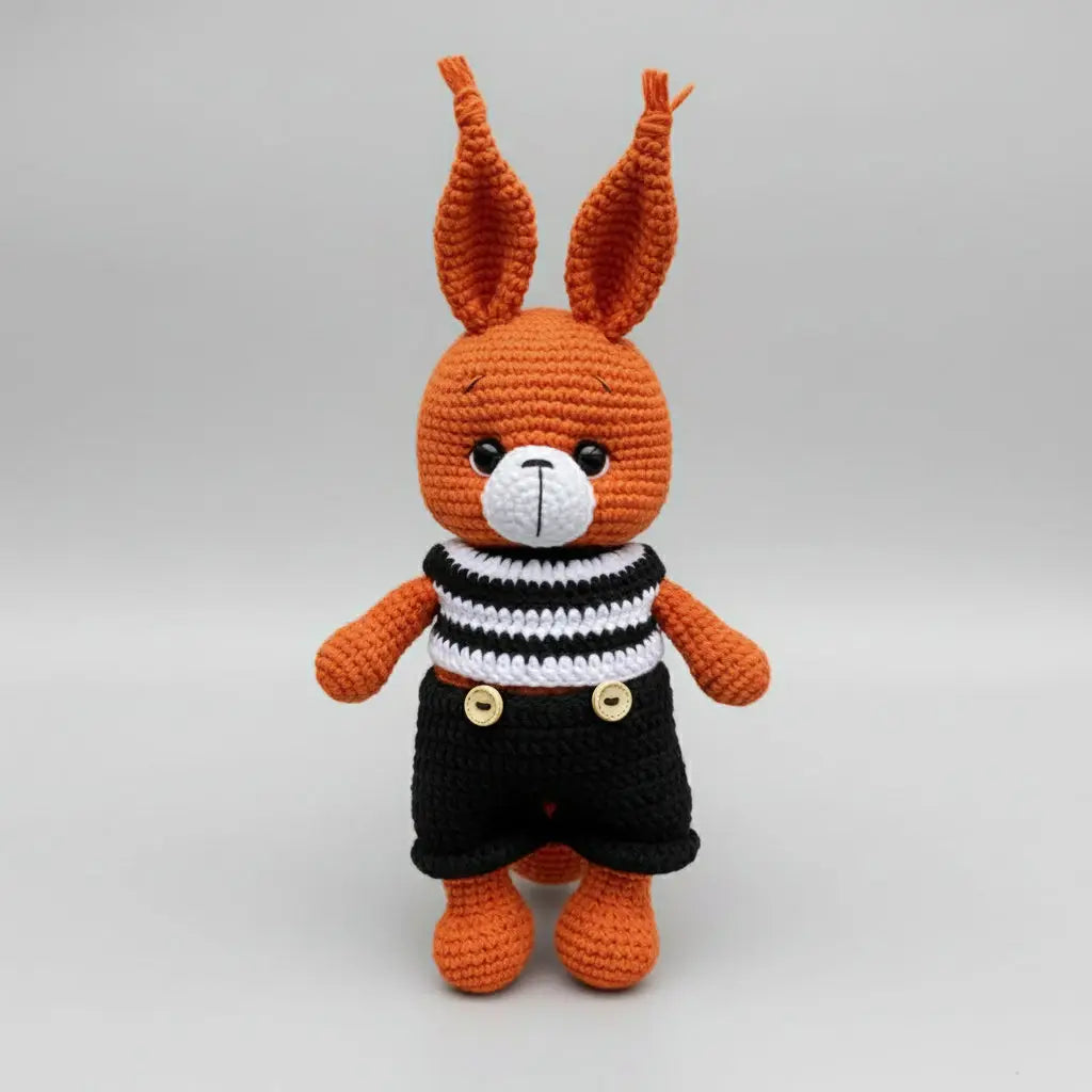 Orange crocheted bunny in striped shirt and black overalls with buttons