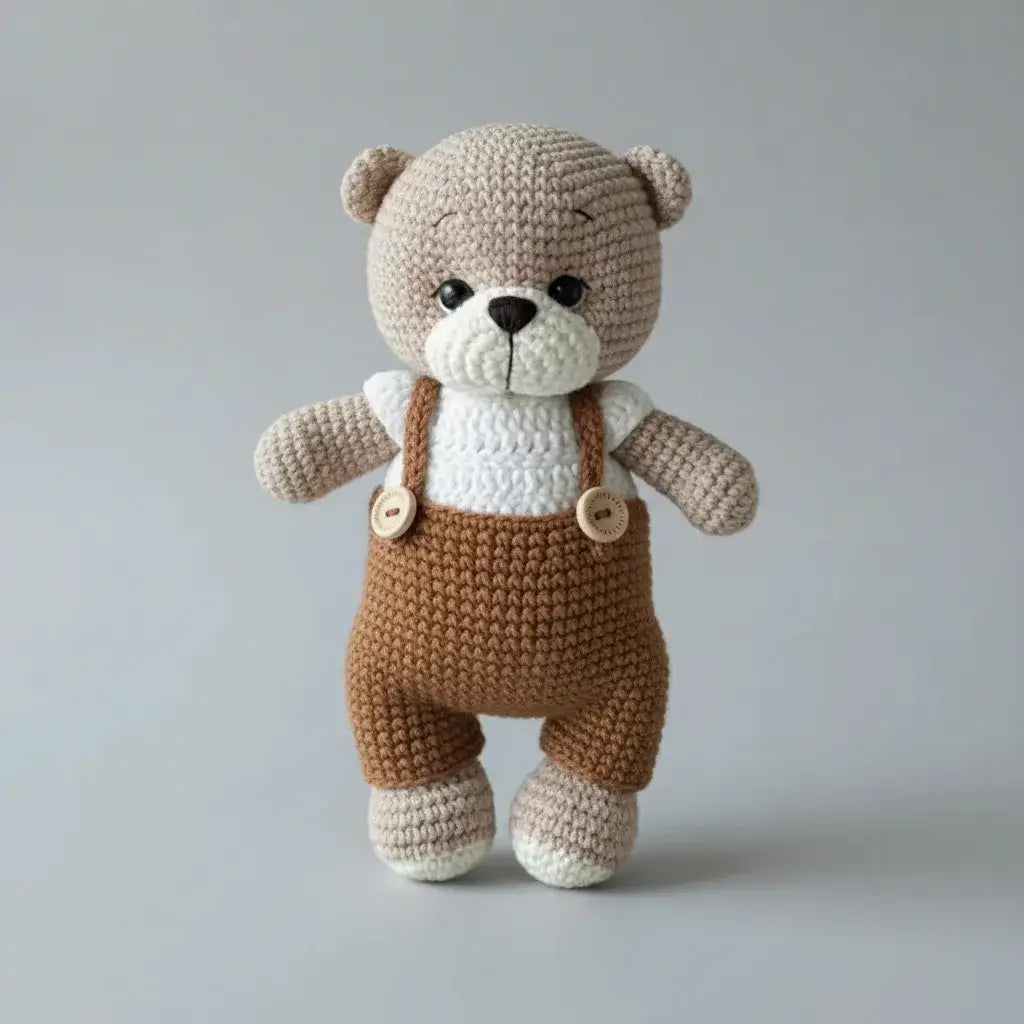 Crochet Cute Teddy Bear in Brown Jumpsuit Toy Gift Set with Rattle Toys 3pc  Joy Gift London