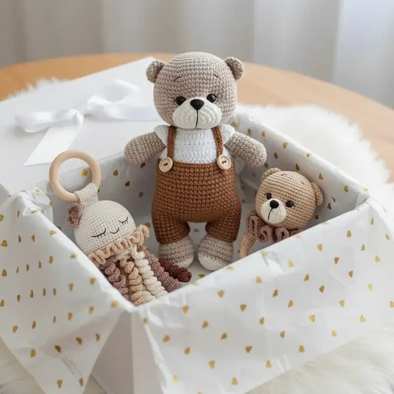 Three crochet teddy bears in a decorative box with gold polka dots on a wooden surface.
