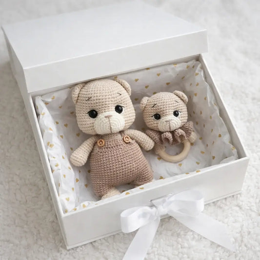 Crochet Cute Teddy Bear in Brown Jumpsuit Toy and Rattle Toy Gift Set 2pc  Joy Gift London