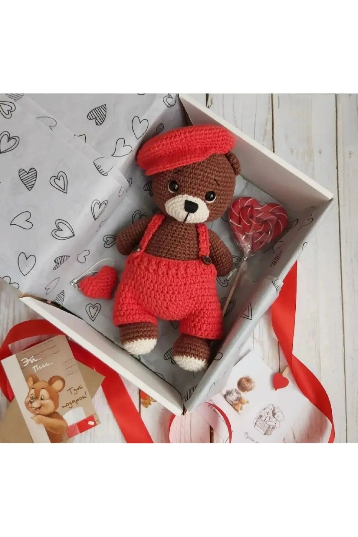 Crochet Cute Teddy Bear in Red Jumpsuit MiaMano