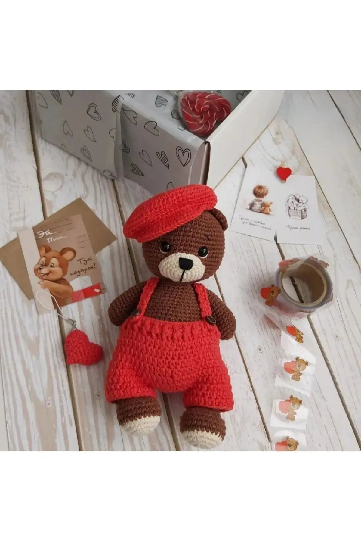 Crochet Cute Teddy Bear in Red Jumpsuit MiaMano