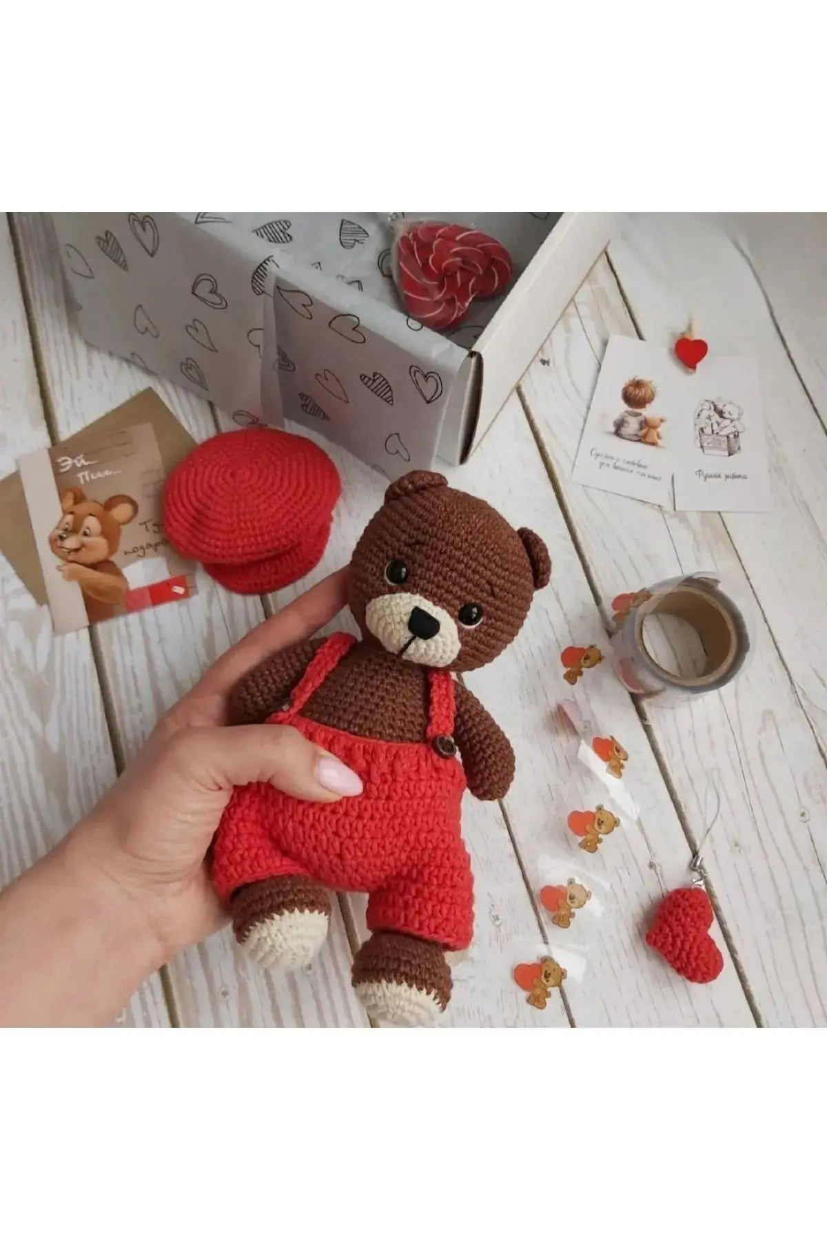 Crochet Cute Teddy Bear in Red Jumpsuit MiaMano