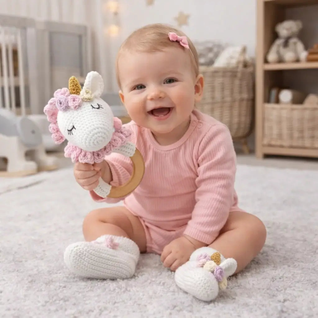 Crochet Cute Unicorn Rattle and Unicorn Baby Booties Gift Set 2pc  Joy Gift London