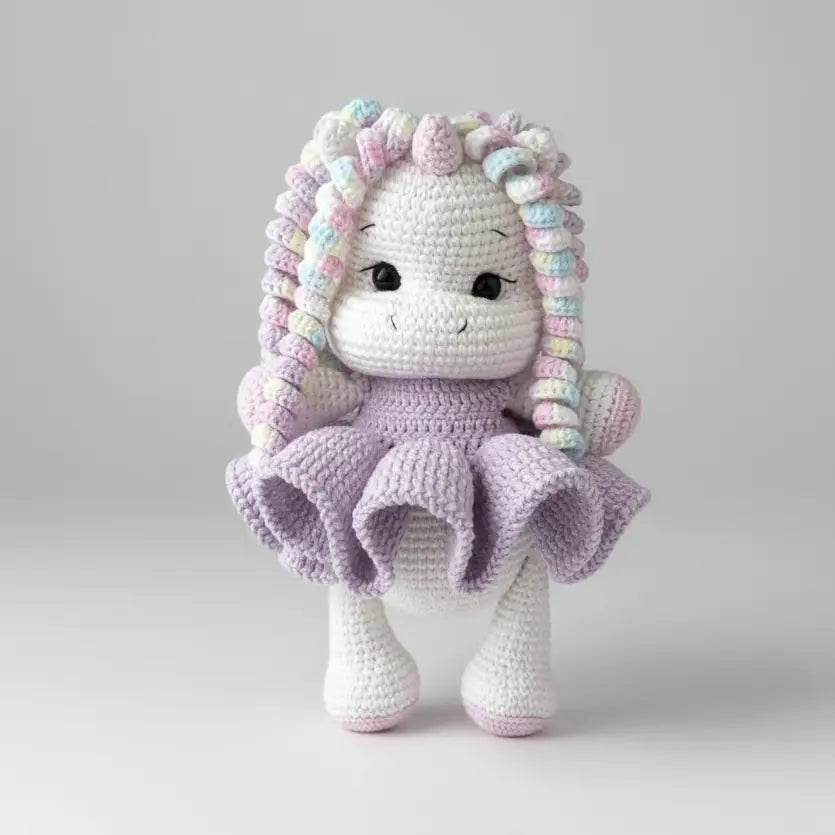Crocheted unicorn doll with curly rainbow hair and lavender ruffled dress