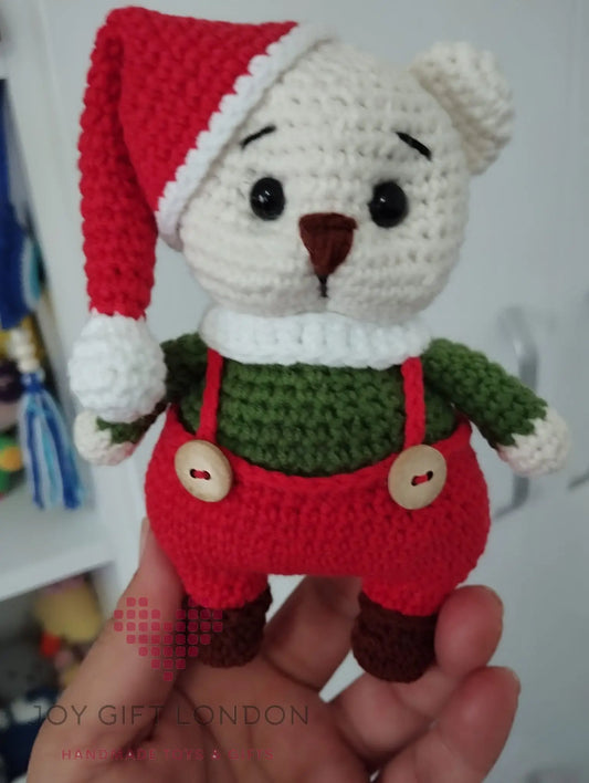 Crochet Cute White Teddy Bear Toy in Red Santa Costume Shesu Toy