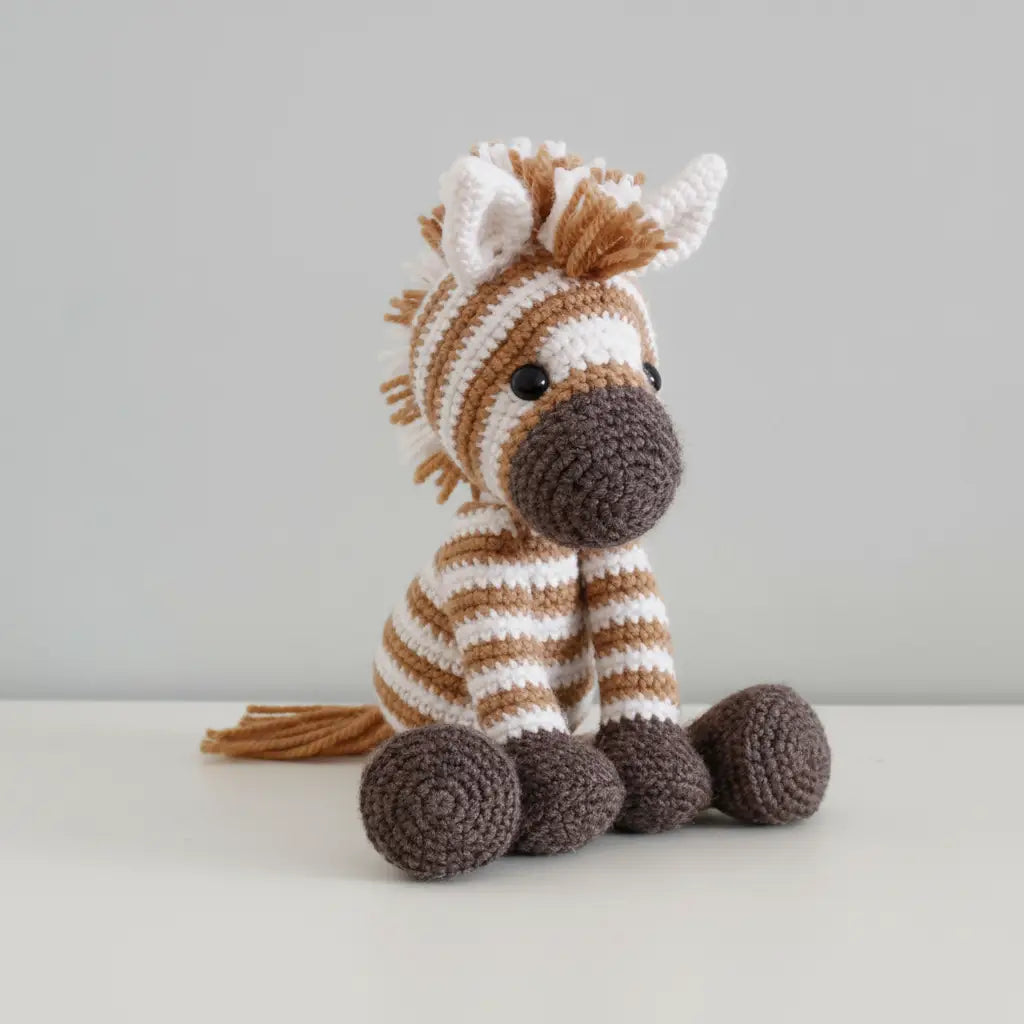 Crocheted zebra with brown and white stripes sitting beside four gray spheres