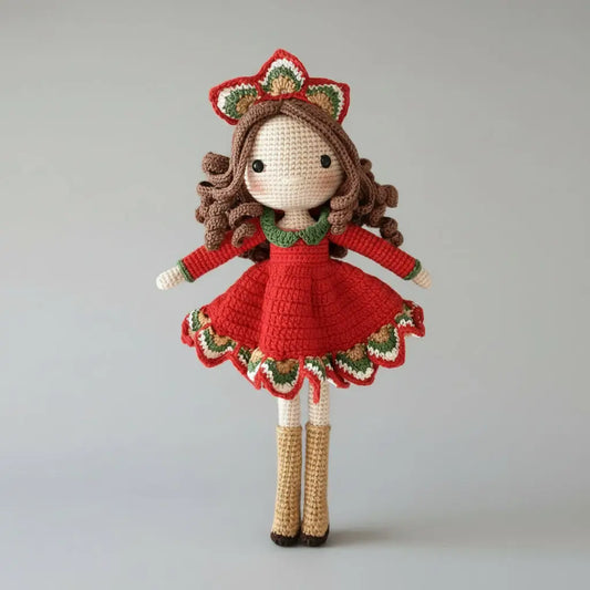 Crocheted doll in a red dress with green accents on a gray background
