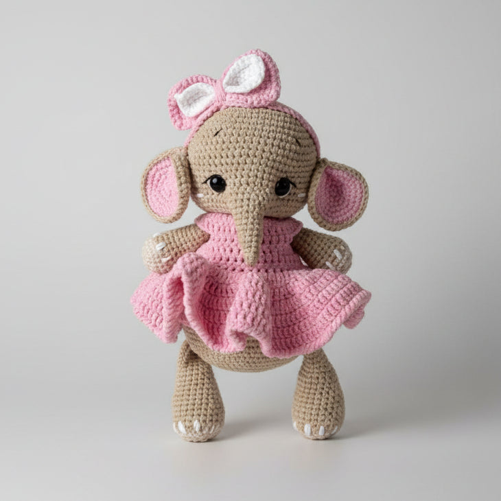 Crochet Elephant with Fancy Pink Dress Toy  Joy Gift London
