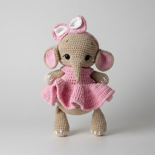 Crochet Elephant with Fancy Pink Dress Toy  Joy Gift London
