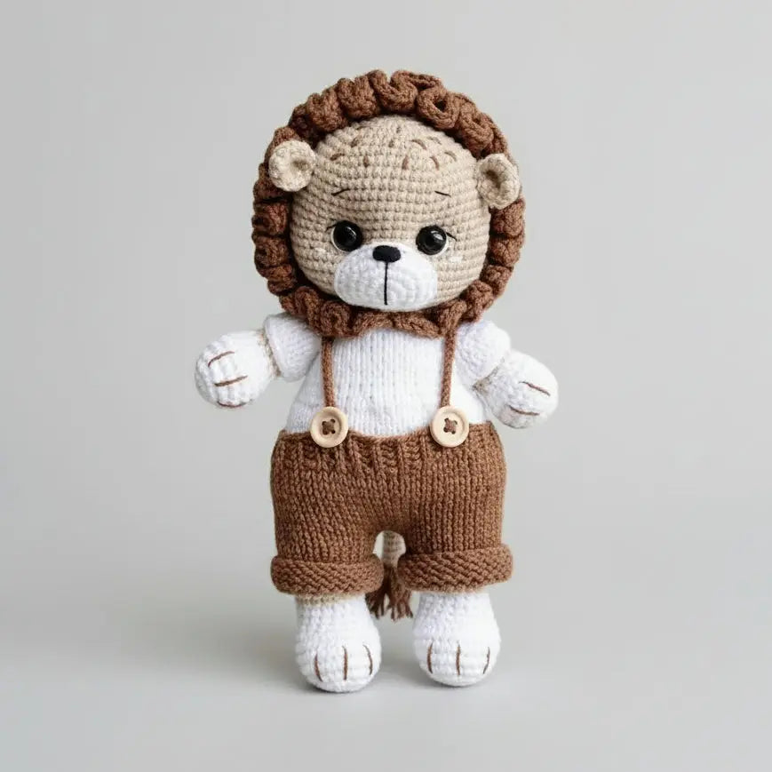 Crocheted lion stuffed animal wearing white shirt and brown overalls on gray background