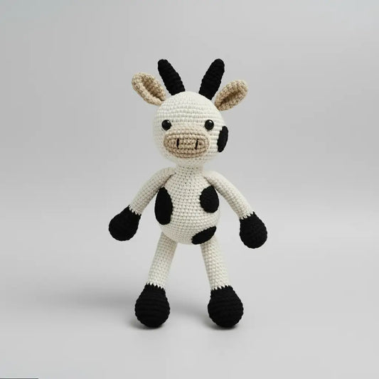 Crocheted cow plush toy with black and white spotted pattern, standing upright against a neutral background.