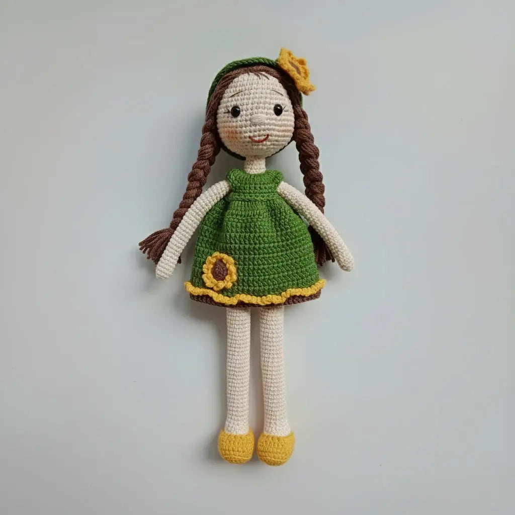 Crocheted doll with braids, green dress, and sunflower, wearing yellow shoes