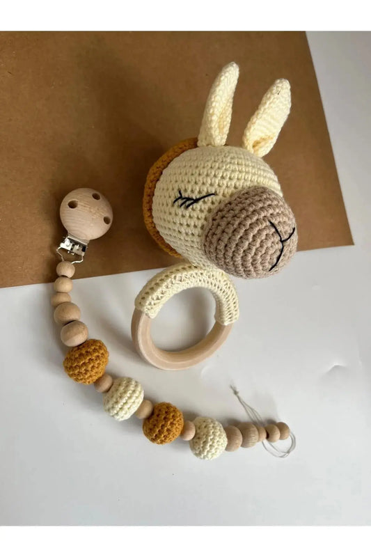 Crochet Llama Rattle Toy and Dummy Clip 2pc Joy Gift London