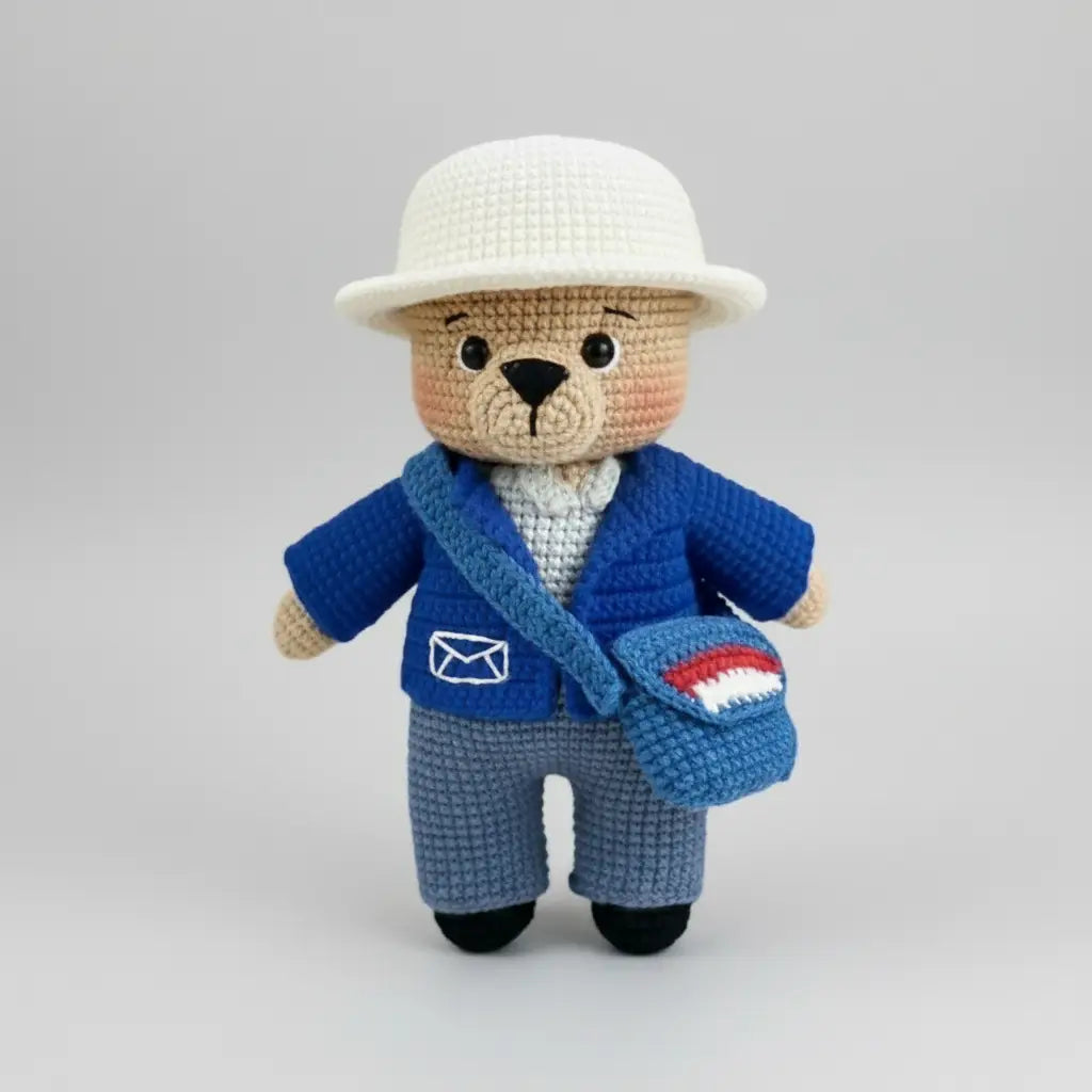 Crocheted postal worker teddy bear with mail bag, hat, and blue uniform