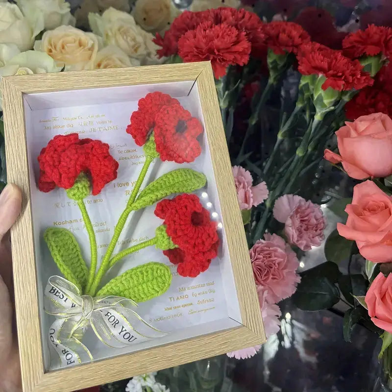 Crochet Red Carnations With Photo Frame Joy Gift London