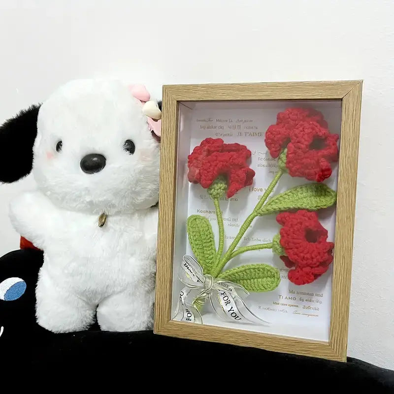 Crochet Red Carnations With Photo Frame Joy Gift London