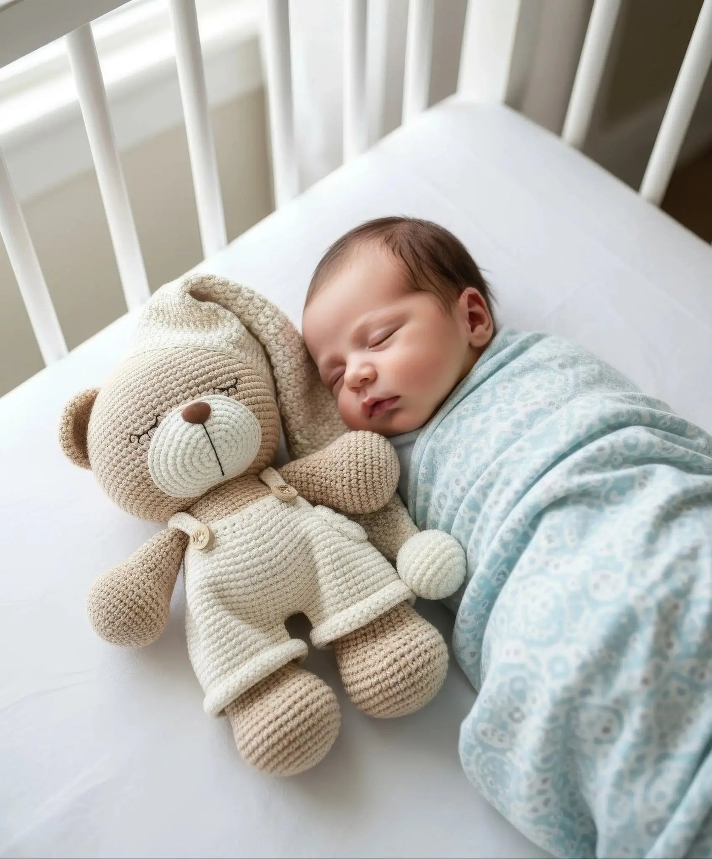 Sleeping newborn in blue swaddle with crocheted teddy bear in white crib