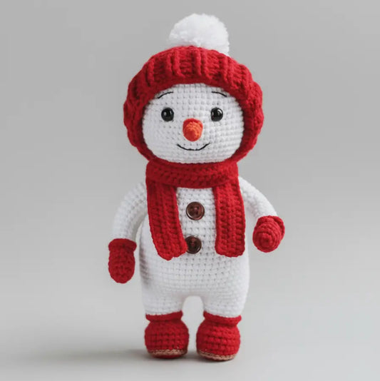 Crocheted snowman wearing red hat, scarf, mittens, and boots against gray background