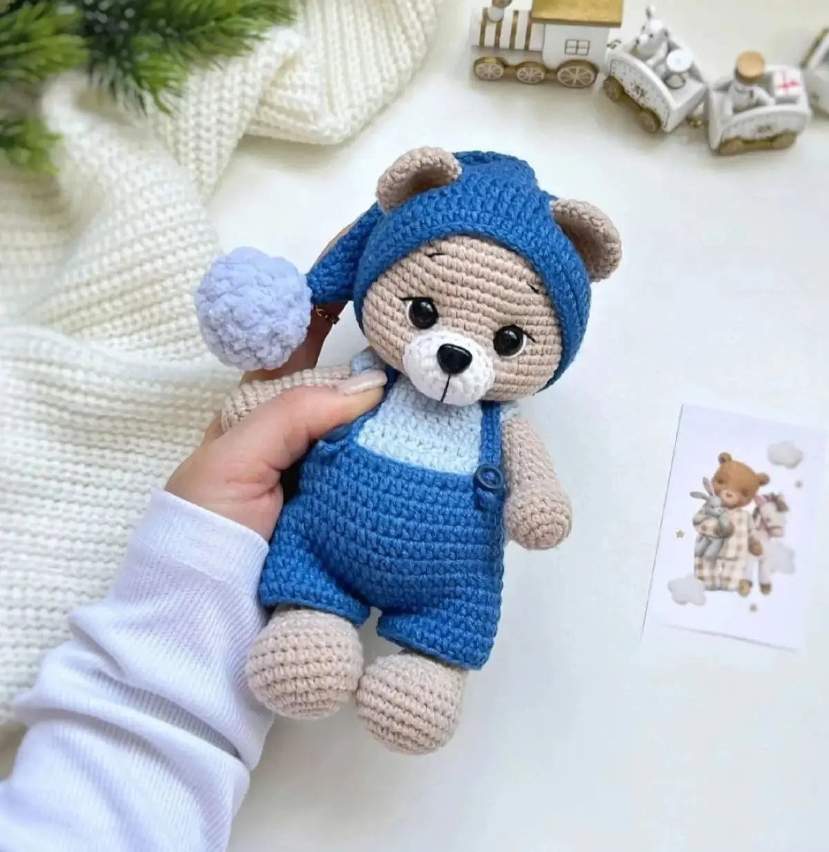 Crochet Teddy Bear in Blue jumpsuit and Hat With Pom-pom TrendyToy