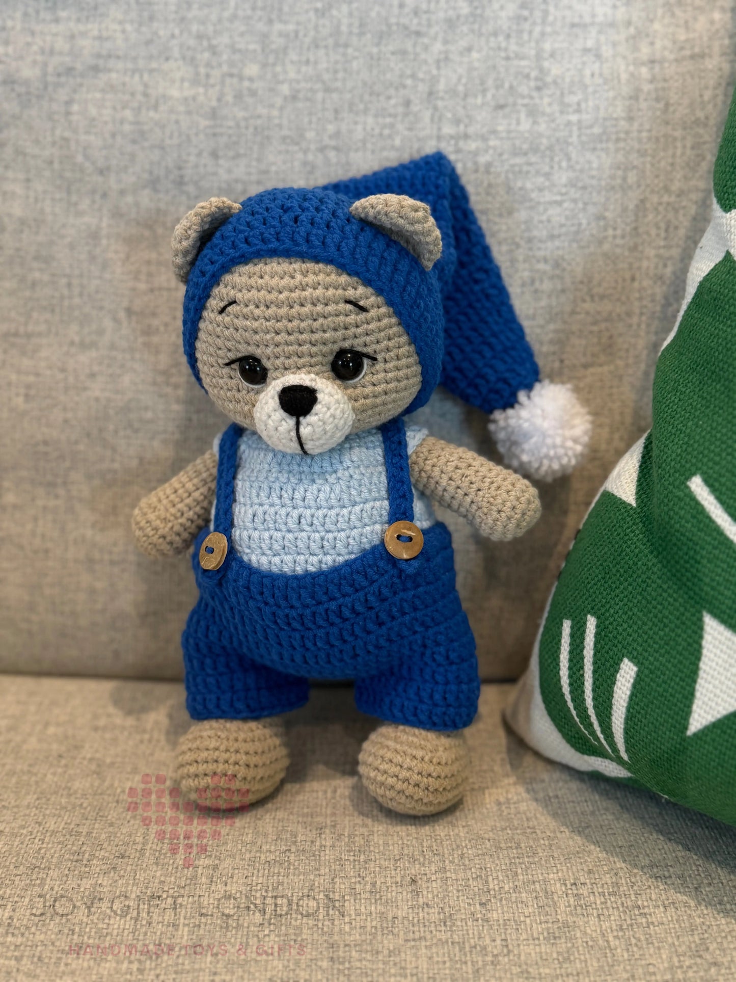 Crochet Teddy Bear in Blue jumpsuit and Hat With Pom-pom  Joy Gift London