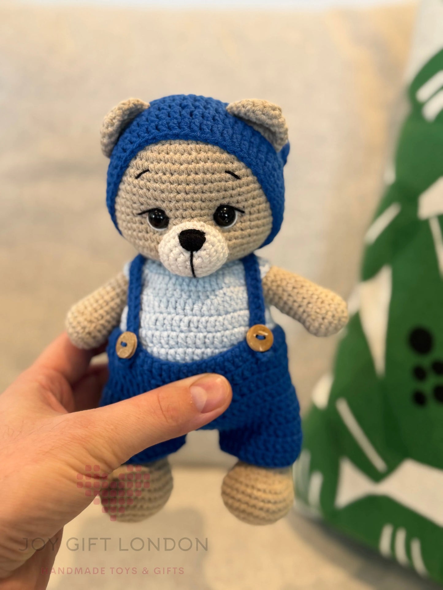 Crochet Teddy Bear in Blue jumpsuit and Hat With Pom-pom  Joy Gift London