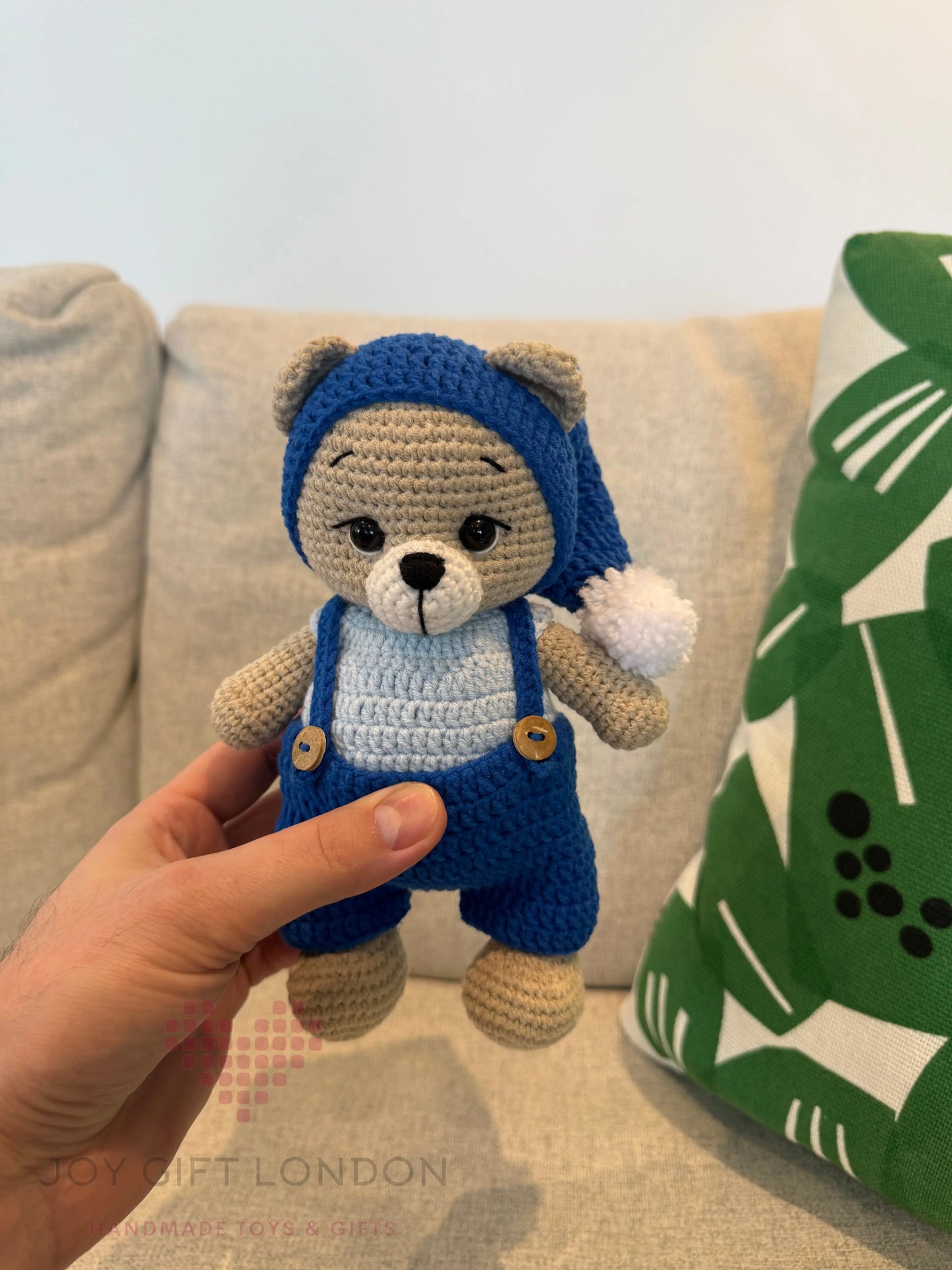 Crochet Teddy Bear in Blue jumpsuit and Hat With Pom-pom  Joy Gift London