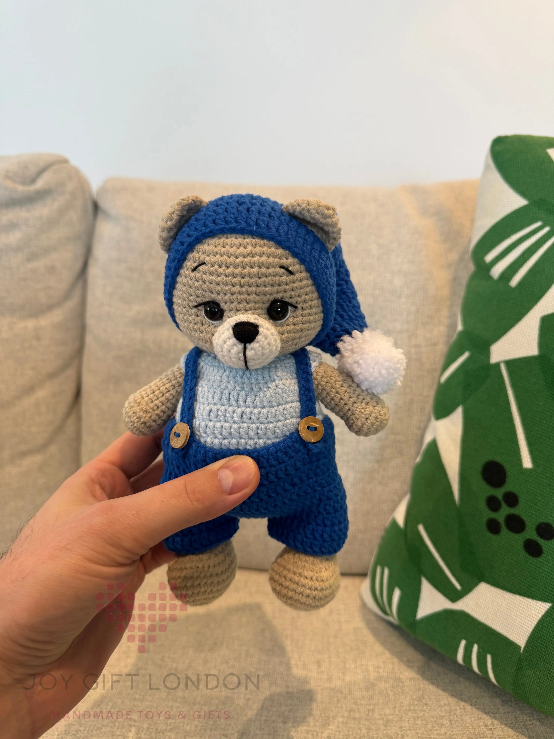 Crochet Teddy Bear in Blue jumpsuit and Hat With Pom-pom  Joy Gift London