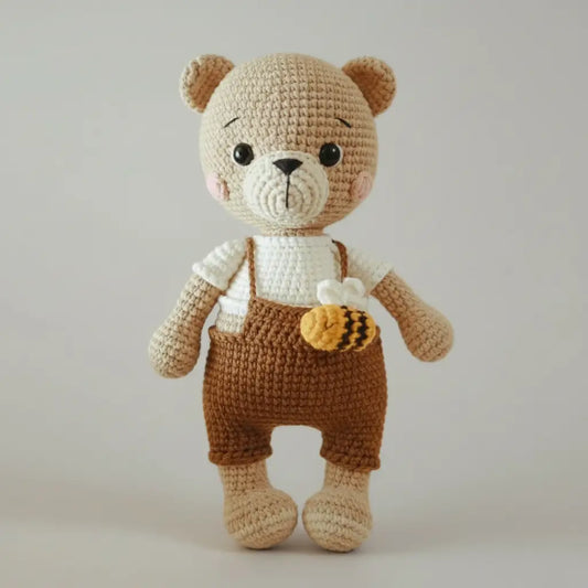 Crochet Teddy Bear in Cute Jumpsuit with Bee  Joy Gift London