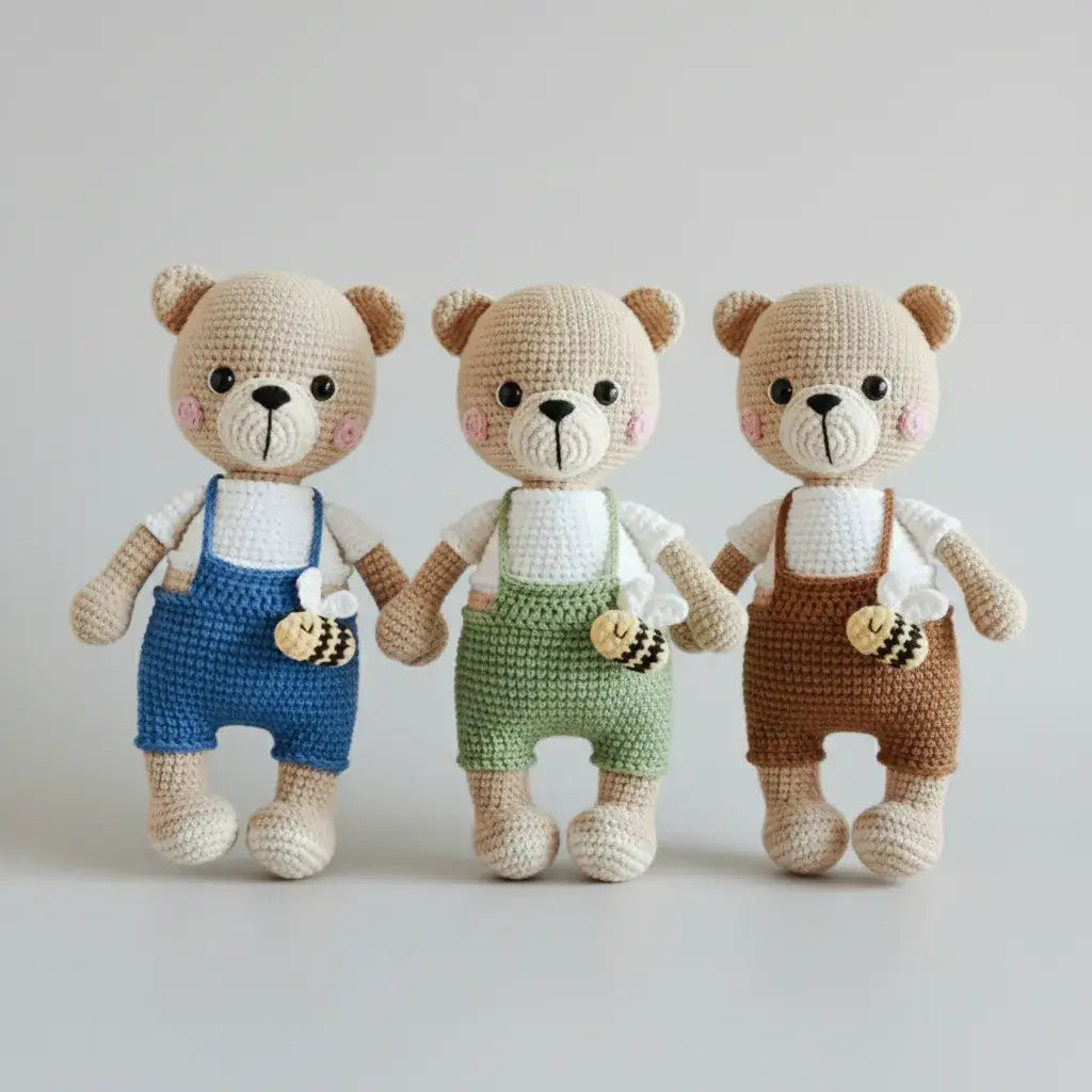 Crochet Teddy Bear in Cute Jumpsuit with Bee  Joy Gift London