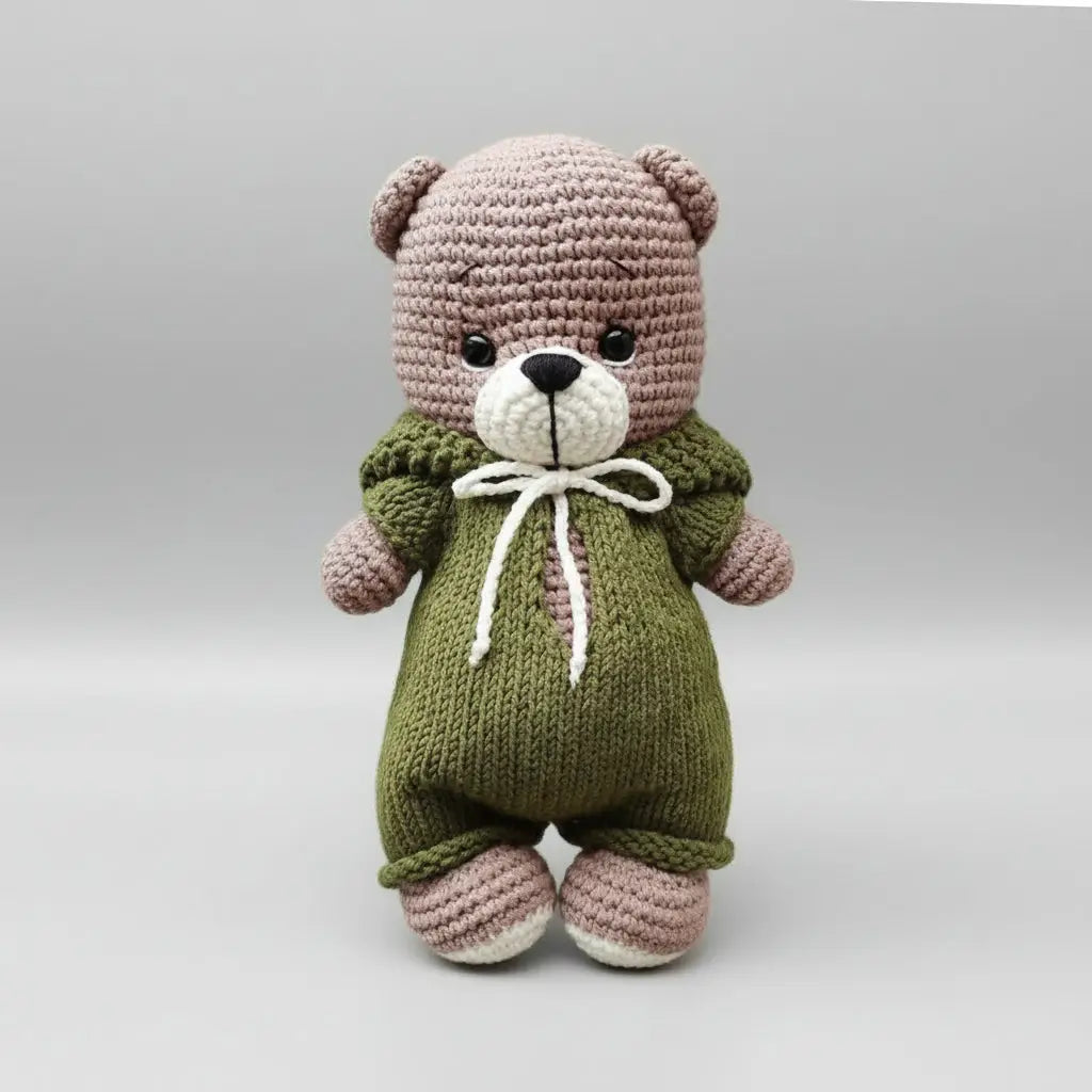 Crocheted teddy bear in olive green overalls with white bow tie, sitting sweetly