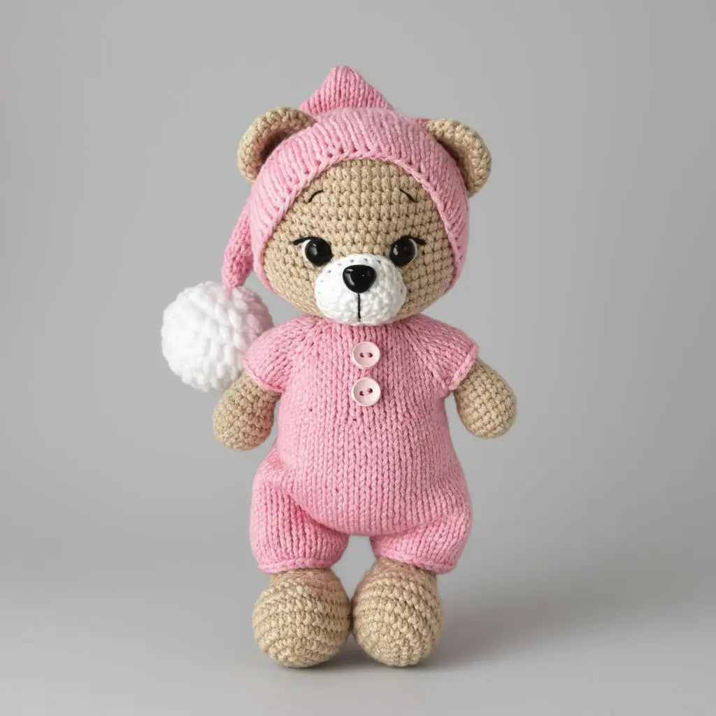 Crocheted teddy bear in pink knitted outfit with white pom-pom hat