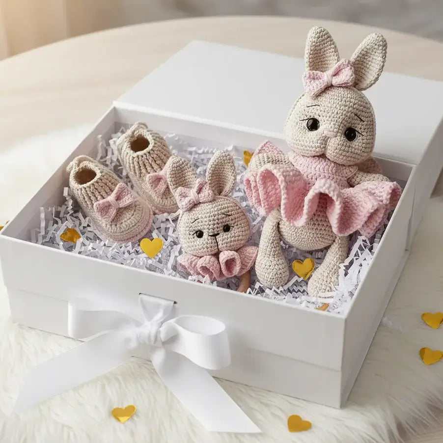 Set of crocheted baby booties and bunnies in a white box on a soft surface.