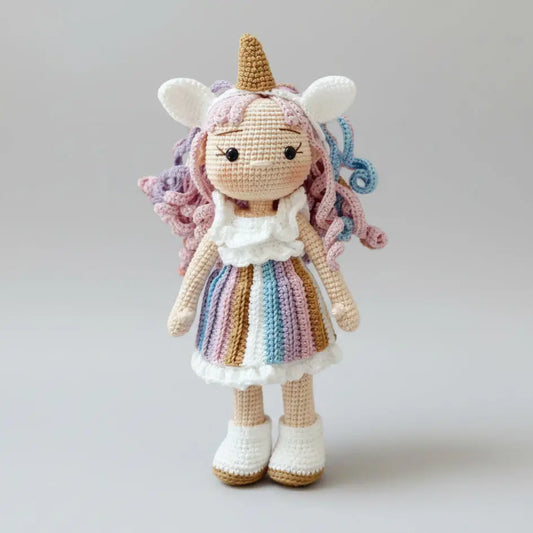 Crocheted unicorn doll with curly hair, rainbow dress, and white boots on gray background