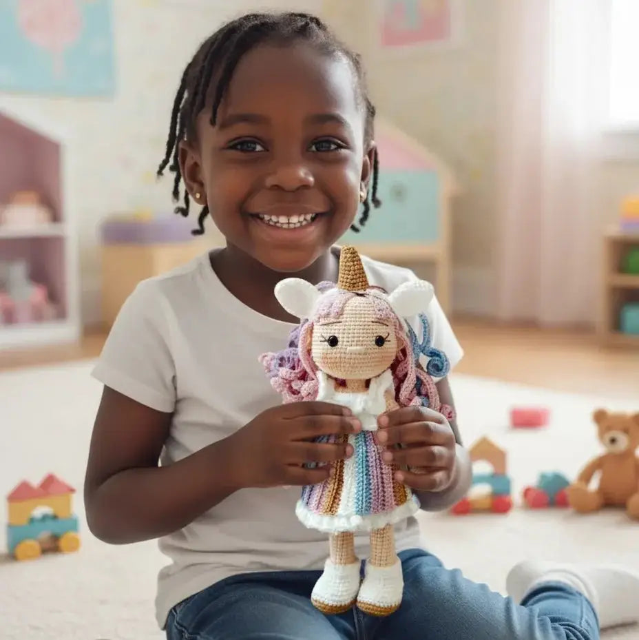 Smiling child holding a colorful crocheted unicorn doll in a playroom with toys