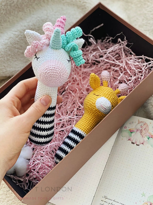 Crochet Unicorn and Giraffes Rattle Toy Set 3pc  Joy Gift London