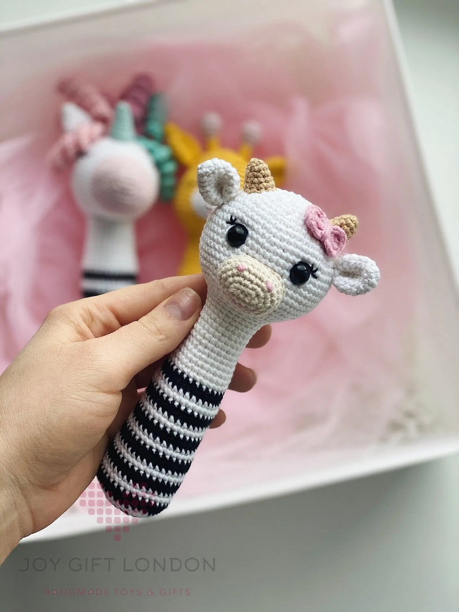 Crochet Unicorn and Giraffes Rattle Toy Set 3pc  Joy Gift London