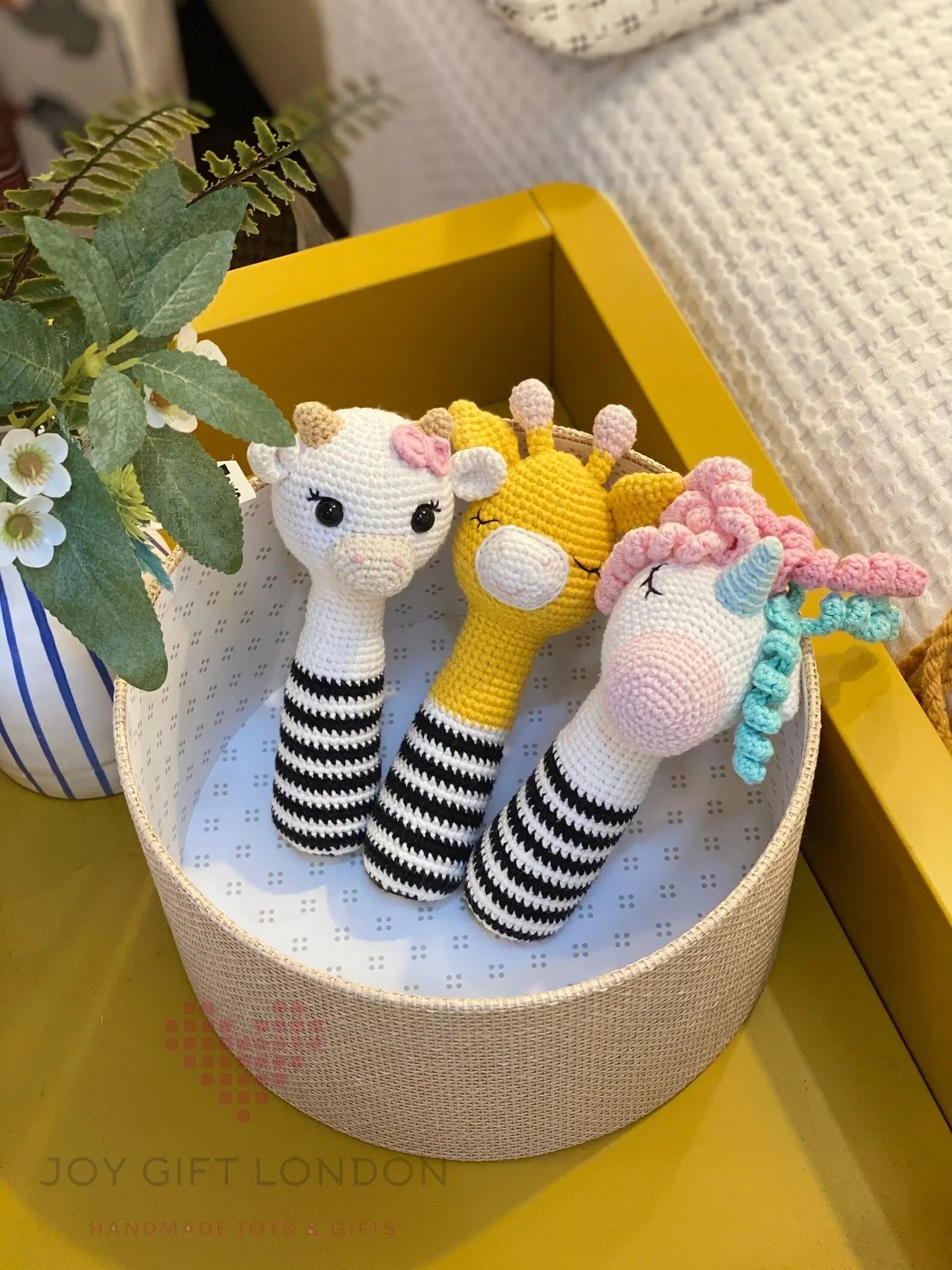 Crochet Unicorn and Giraffes Rattle Toy Set 3pc  Joy Gift London