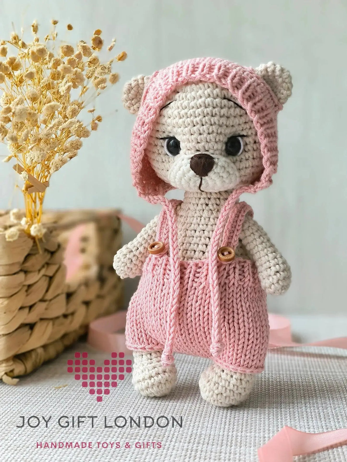 Personalised Handmade Crochet Teddy Bear – Removable Outfit & Hat, 7.1 Inches (18 cm) Joy Gift London