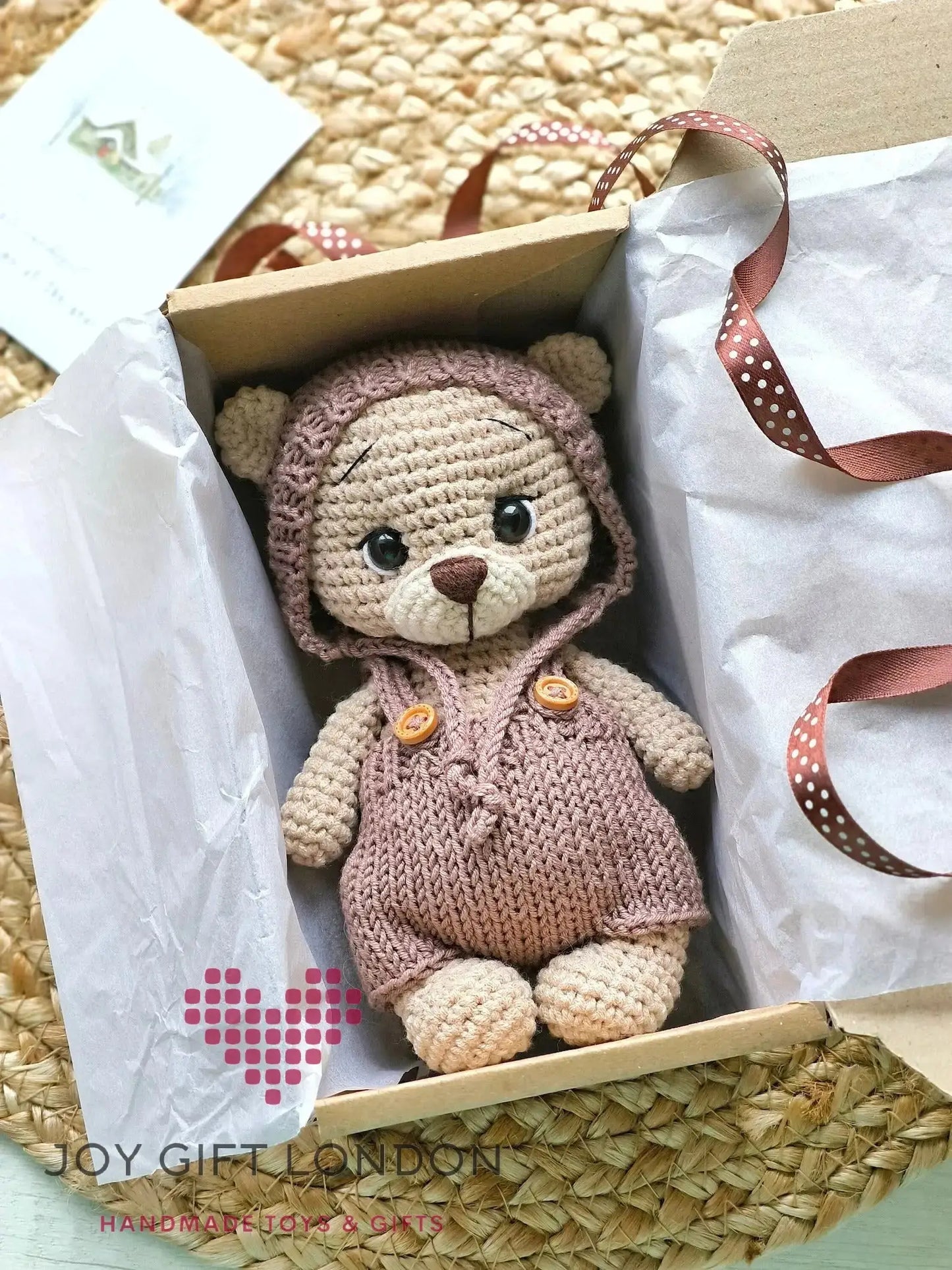 Personalised Handmade Crochet Teddy Bear – Removable Outfit & Hat, 7.1 Inches (18 cm) Joy Gift London