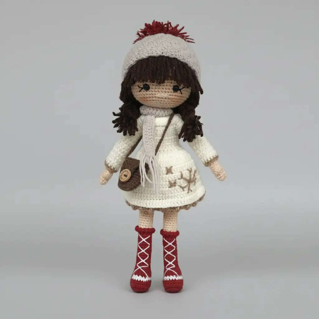 Crocheted doll in white winter outfit with red boots and pom-pom hat