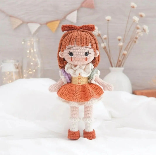 Crochet Little Orange Hair Girl Doll in Orange Dress - Joy Gift London