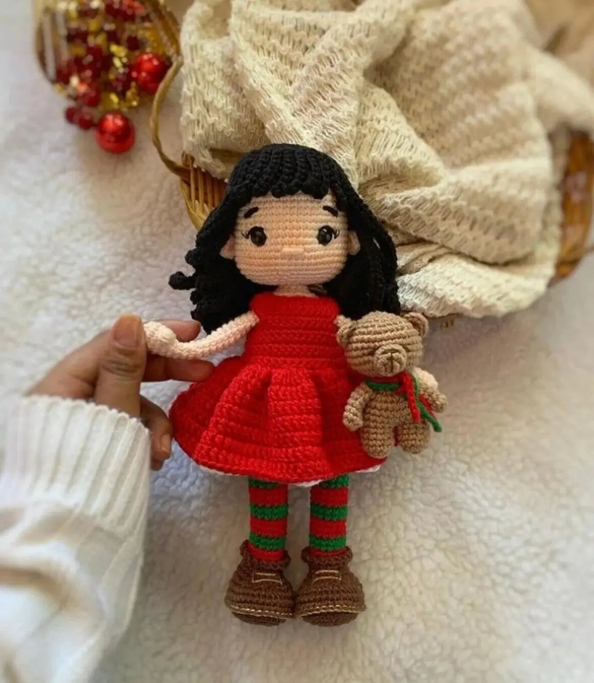 Crochet Little Girl Doll in Dress with Teddy Bear - Adorable Handmade Toy for Girls - Joy Gift London