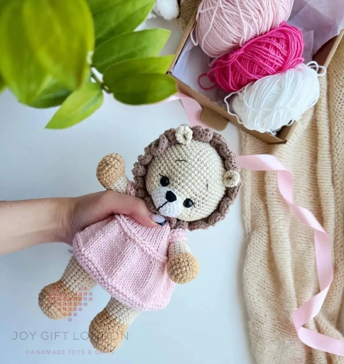 Handcrafted Adorable Crochet Lion Wearing a Pink Dress Joy Gift London