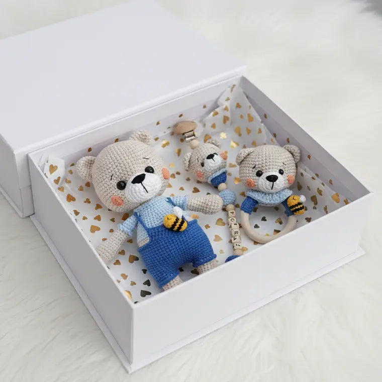 Handcrafted Crochet Teddy Bear Gift Set (3pc) - Personalised Dummy Clip  Joy Gift London