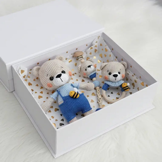 Handcrafted Crochet Teddy Bear Gift Set (3pc) - Personalised Dummy Clip  Joy Gift London