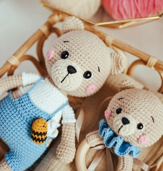 Handcrafted Crochet Teddy Bear Toy and Rattle Gift Set 2pc Joy Gift London