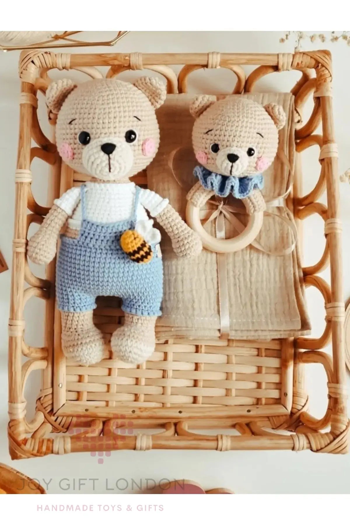 Handcrafted Crochet Teddy Bear Toy and Rattle Gift Set 2pc Joy Gift London