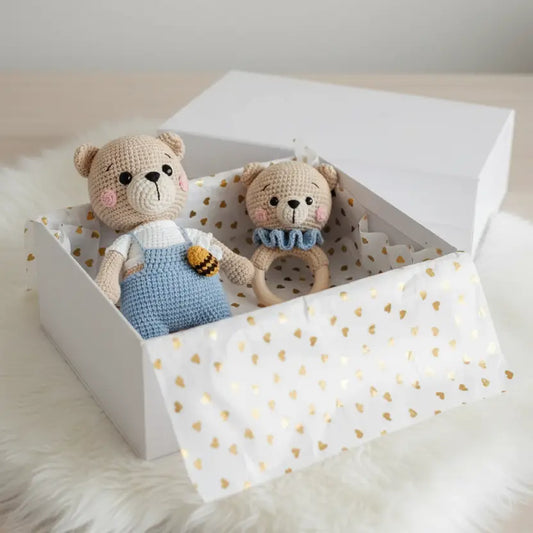 Handcrafted Crochet Teddy Bear Toy and Rattle Gift Set 2pc  Joy Gift London