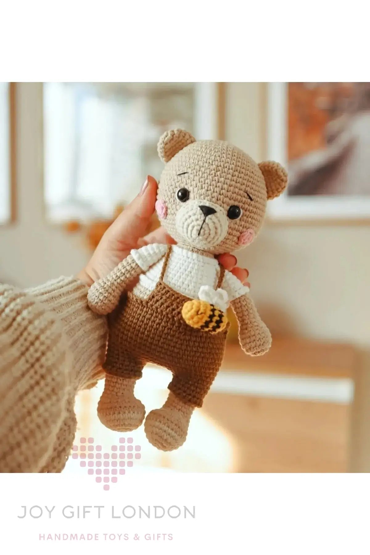 Handcrafted Crochet Teddy Bear with a Brown Jumpsuit and Bee Joy Gift London